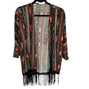 Tea & Rose Women's Bohemian Fringe Jacket Multicolor Southwestern Pallet Size S